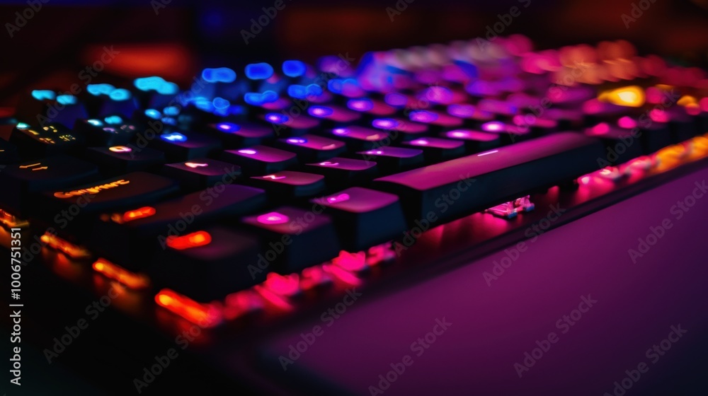Fototapeta premium A gaming keyboard with colorful LED lights, illuminated in the dark room and casting soft shadows on its surface. 