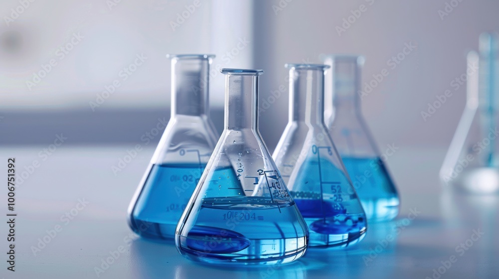 Light blue liquid in beakers and flasks, laboratory equipment on a white background, light reflection from glass surfaces Light blue liquid in beakers and flasks, laboratory equipment on a white background, light reflection from glass surfaces