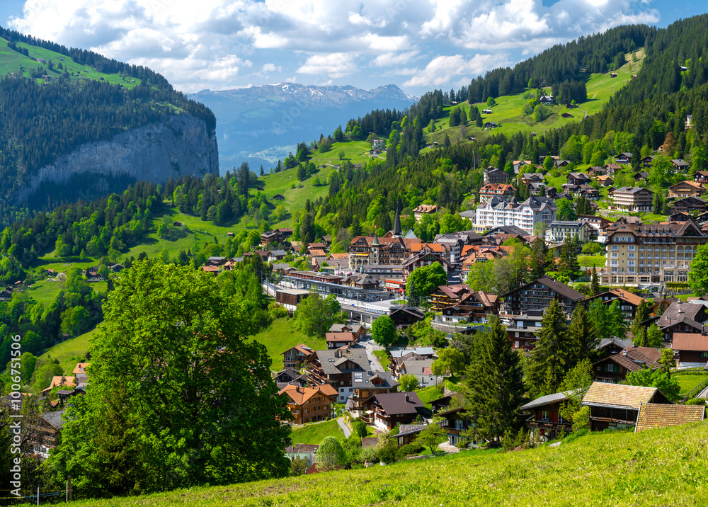 view on alpine village Wengen in Switzerland