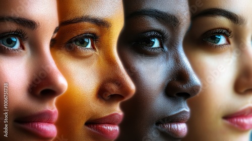 A diverse group of women showcasing various skin tones and features in a harmonious display representing beauty and inclusivity photo