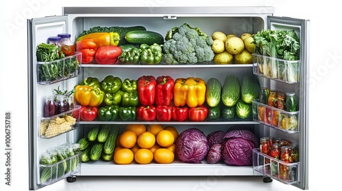 A refrigerator stocked with colorful, neatly arranged fresh vegetables and fruits, showcasing healthy, organized living.