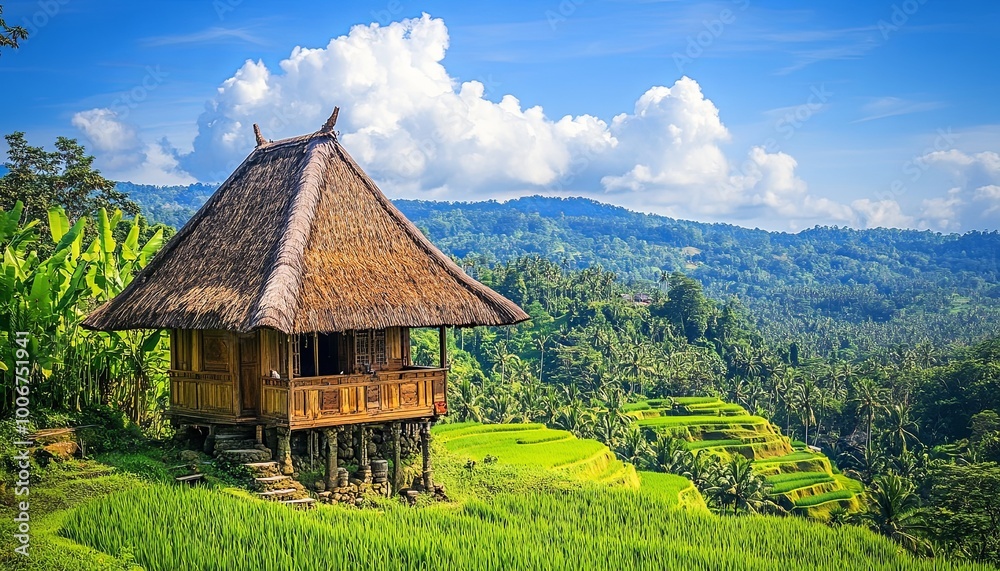 A traditional Balinese hut with thatched roof stands on a rice paddy terrace overlooking a lush green valley with distant mountains. A traditional Balinese hut with thatched roof stands on a rice paddy terrace overlooking a lush green valley with distant mountains.