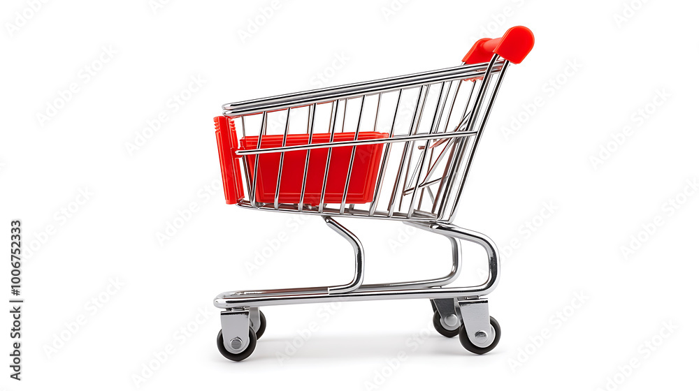 Empty silver shopping cart on bright white background Empty silver shopping cart on bright white background