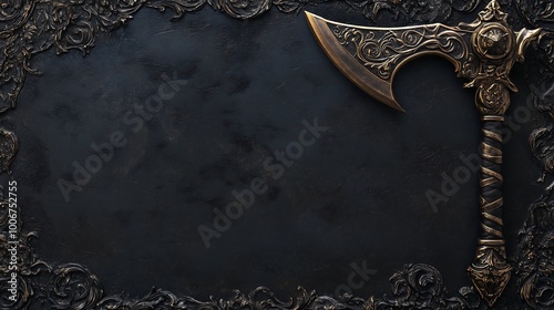 Epic Tale Weaponry: Masterfully Crafted Axe with Detailed Engravings on Moody Dark Background
陰鬱な暗い背景に映える巧みに作られた詳細な彫刻が施された斧：叙事詩的な物語の武器。.Generative AI photo