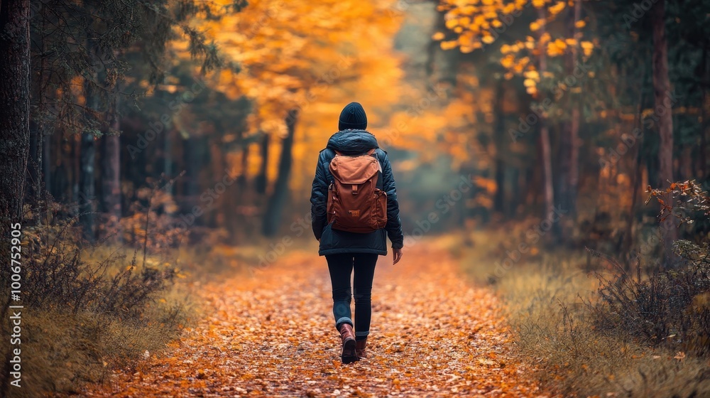 Person Walking on Leaf-Covered Path in Autumn Forest Person Walking on Leaf-Covered Path in Autumn Forest
