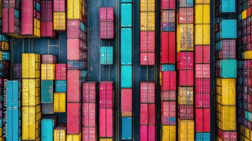 Rows of brightly colored shipping containers stacked neatly in a cargo yard, awaiting transport.