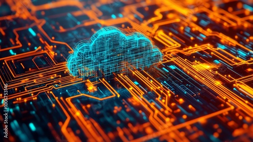 A vibrant digital illustration showcases a cloud computing network, highlighting bright colors and intricate electronic circuit patterns.