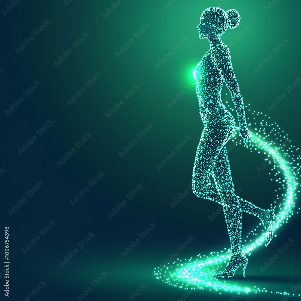 A glowing, digital silhouette of a woman in motion, surrounded by sparkling particles, symbolizing energy and vitality. A glowing, digital silhouette of a woman in motion, surrounded by sparkling particles, symbolizing energy and vitality.