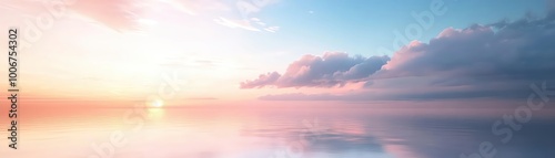 Soft, pastel sky with clouds reflecting on water.