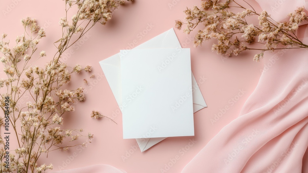 Wedding invitation set with a white card, pastel-colored envelope, and dried flowers, creating a soft, romantic composition. Wedding invitation set with a white card, pastel-colored envelope, and dried flowers, creating a soft, romantic composition.
