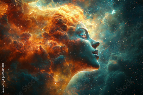 woman as the goddess of the universe, spirit silhouette on galaxy space background