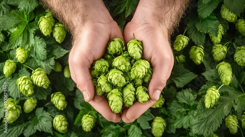 A pair of hands cradles fresh green hops against a backdrop of lush foliage, highlighting the harvest and cultivation of this important brewing ingredient.