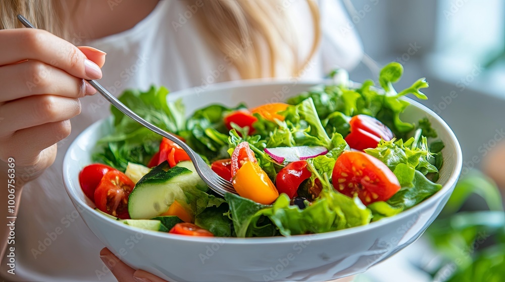 woman eating a fresh salad with vegetables woman eating a fresh salad with vegetables