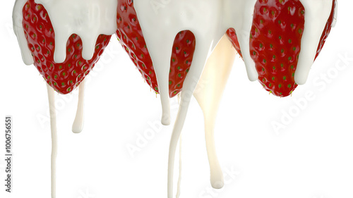 Closeup Realistic Strawberry with white milk cream yogurt Pouring drip isolate on white background. PNG files. 3D Render.