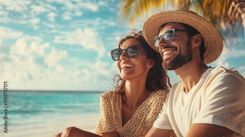 Woman and man traveling as a couple on a summer beach getaway, capturing joyful moments and relaxation by the ocean.