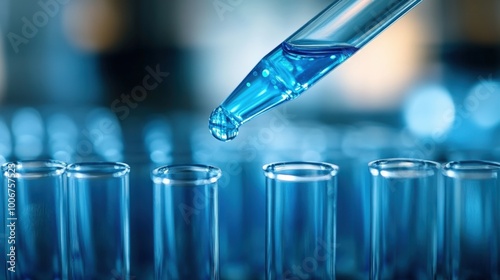 A laboratory pipette accurately dispensing blue liquid into multiple test tubes arranged in a row during a scientific experiment in a research facility photo