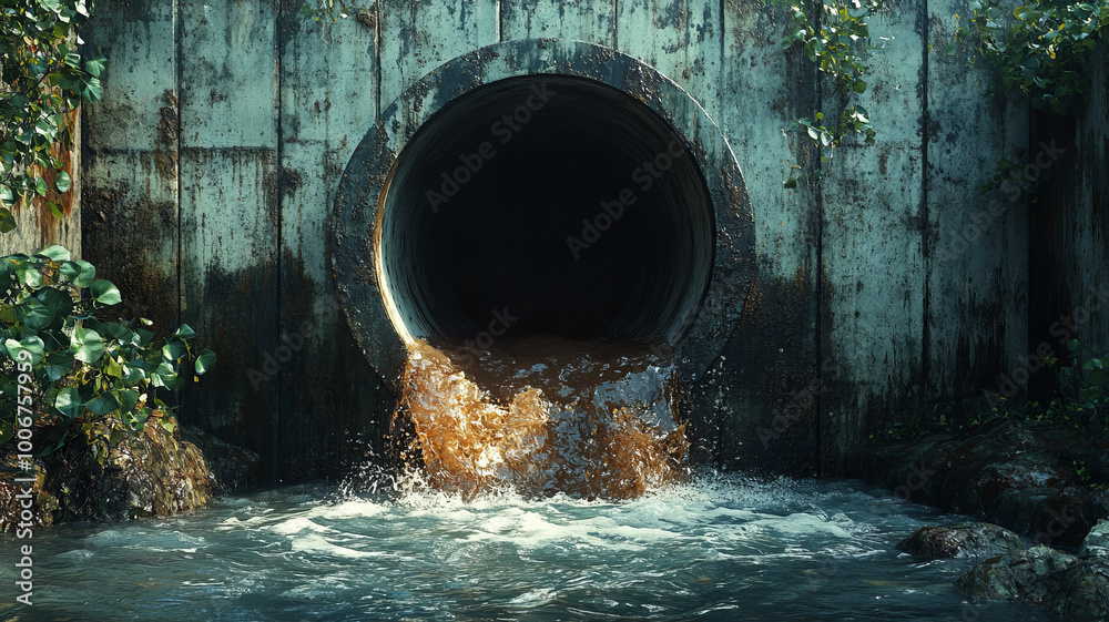 a concrete wall spewing filthy, dirty, brown water sewage out of a large pipe. Camera view is straight on the wall and the pipe is centered. a concrete wall spewing filthy, dirty, brown water sewage out of a large pipe. Camera view is straight on the wall and the pipe is centered.