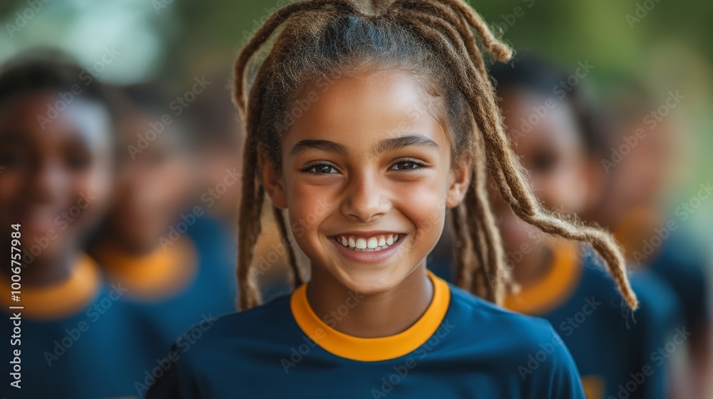 Smiling child with dreadlocks in a sports uniform stands confidently among peers during a sunny outdoor practice session in an urban park setting Smiling child with dreadlocks in a sports uniform stands confidently among peers during a sunny outdoor practice session in an urban park setting