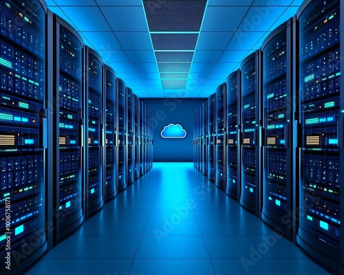 3D Data Center Illustration with Servers Cool Blue Lighting and Cloud Storage Concept