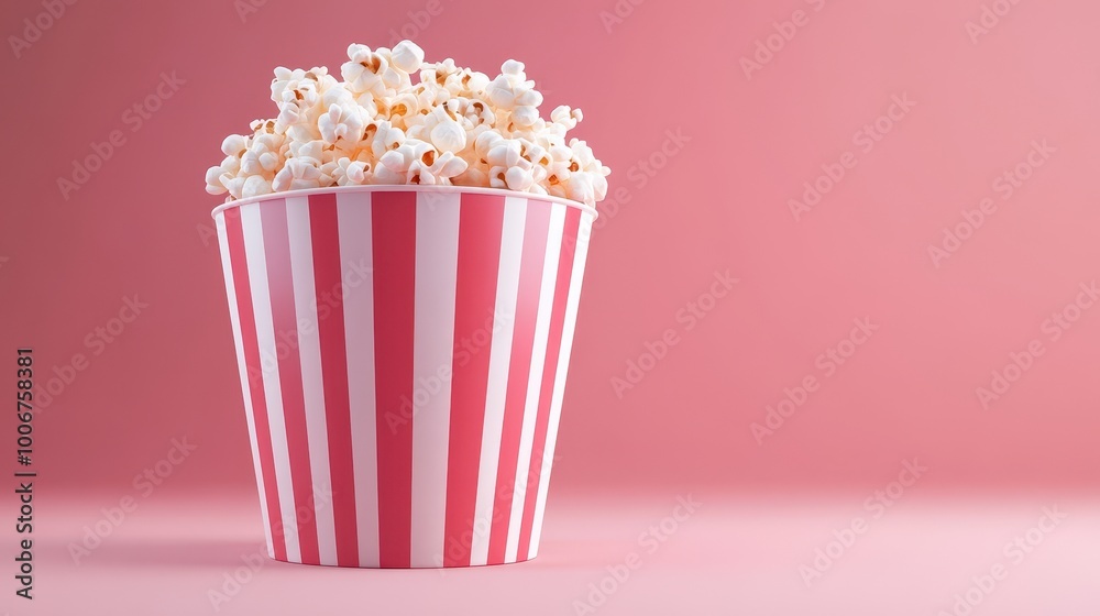 A red and white striped popcorn bucket filled with popcorn A red and white striped popcorn bucket filled with popcorn