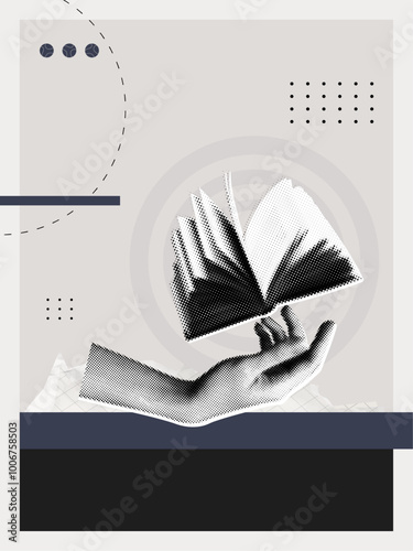 Trendy Halftone Collage Study and education concept. Hand with floating book. Human desire for knowledge. Smart thinking and brainstorming. Modern poster. Contemporary vector illustration art