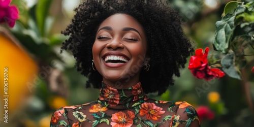 American African woman 35years old laughing out loud looking at the camera in a beautiful floral environment wearing a turtle neck floral gown  photo