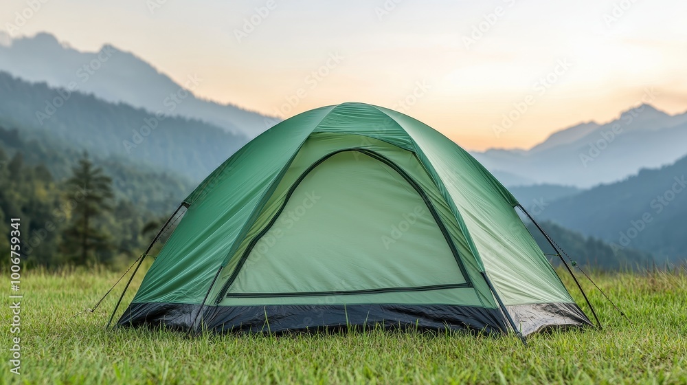 A green tent is sitting on a grassy field in front of a mountain range A green tent is sitting on a grassy field in front of a mountain range