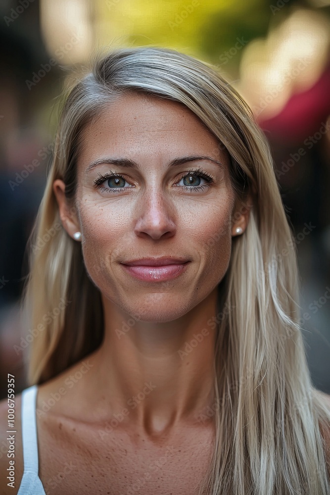 A woman with long blonde hair stands confidently in an urban street, surrounded by soft lighting and a blurred background of people, capturing the essence of a vibrant community atmosphere A woman with long blonde hair stands confidently in an urban street, surrounded by soft lighting and a blurred background of people, capturing the essence of a vibrant community atmosphere