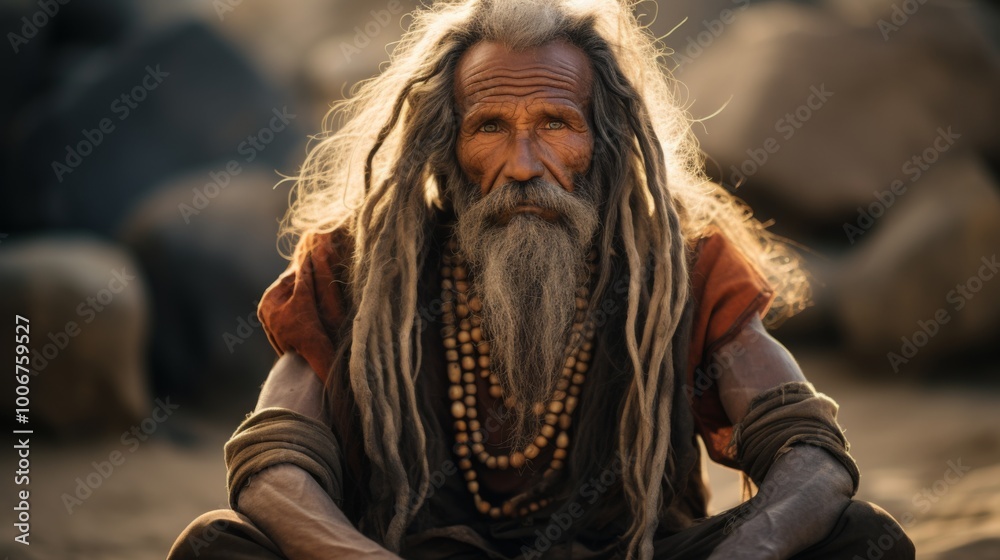 a old tribe man sitting in the ground, looking at the camera a old tribe man sitting in the ground, looking at the camera