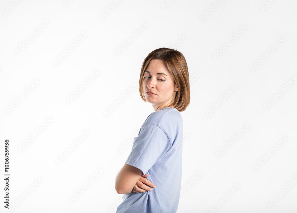 Close-up portrait of young scared woman isolated on white background Close-up portrait of young scared woman isolated on white background