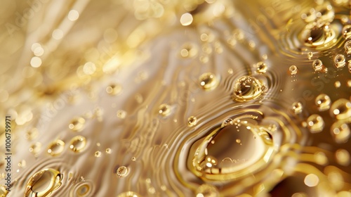  Transparent gold coloured cosmetic liquid poured on to a surface, bubbles forming on the liquid's surface, captures the moment of droplet and bubble formation closeup shot emphasising texture photo