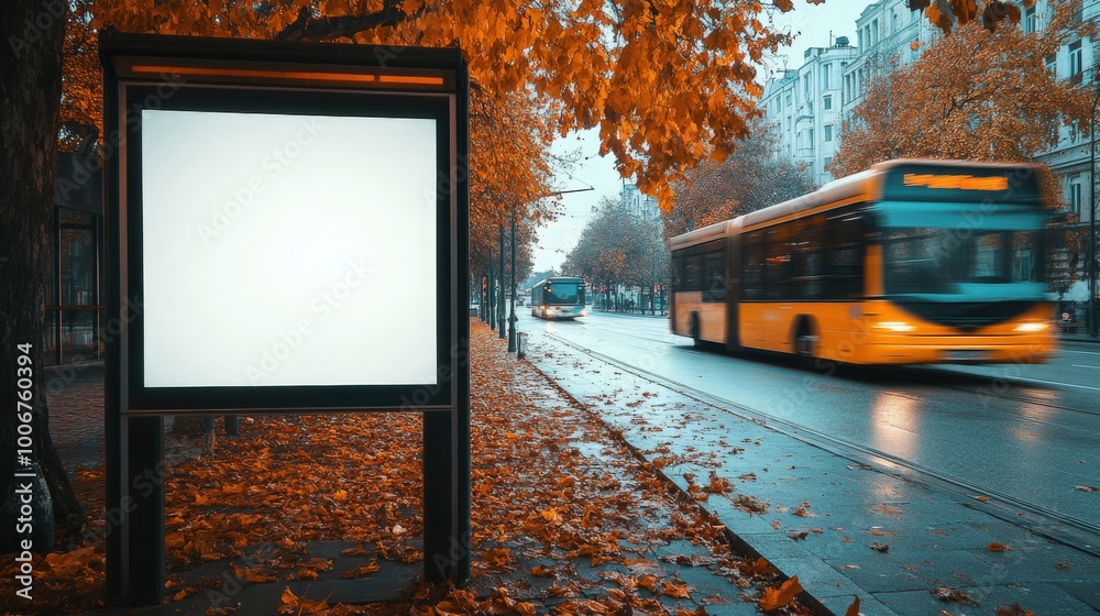 Obraz premium A bus stop with an empty advertising billboard in an urban setting with fallen leaves on the ground and a bus passing by in the background