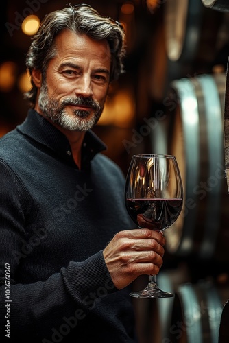 A sommelier tasting a glass of red wine in a small, intimate wine cellar, wooden barrels in the background