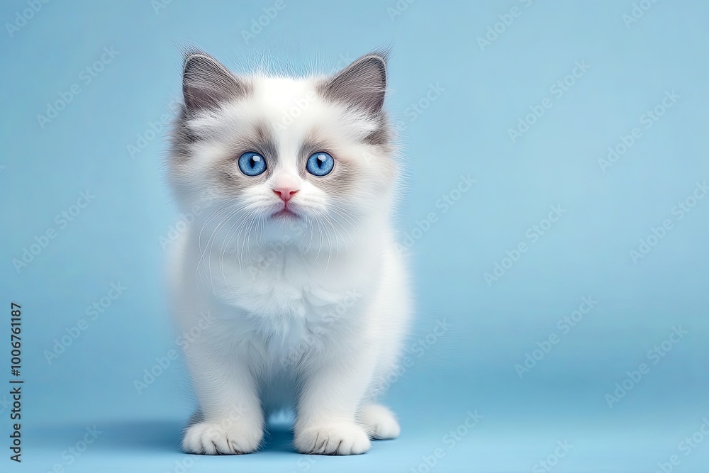 Adorable white kitten with blue eyes sits on a light blue background. Adorable white kitten with blue eyes sits on a light blue background.
