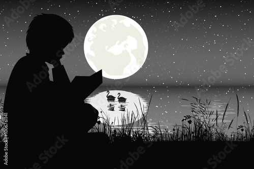 Cute Child and Moon Silhouette
