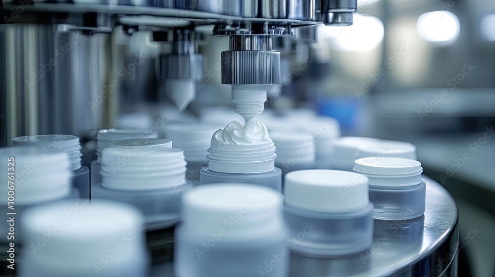 Close-up of face cream jars being filled by precision equipment, showing the clean, high-tech environment of the factory. Close-up of face cream jars being filled by precision equipment, showing the clean, high-tech environment of the factory.