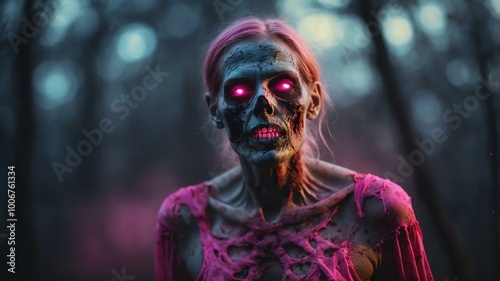 abstract eerie glowing pink closeup of a Halloween zombie on misty background, bokeh background