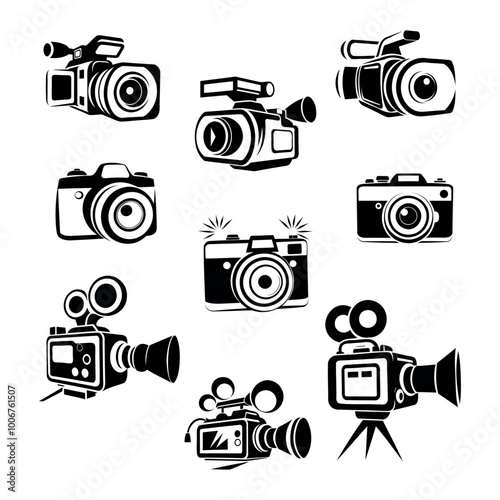 
set, collection of video cameras and cameras, black outline icons, isolated on white background