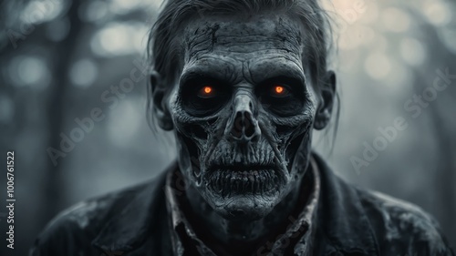 Obraz na płótnie abstract eerie glowing gray closeup of a Halloween zombie on misty background, bokeh background w salonie
