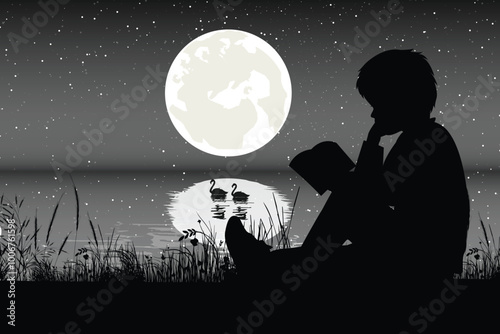 Cute Child and Moon Silhouette