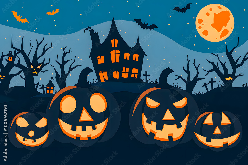 Illustration featuring Jack o' Lantern and castle silhouette at night, perfect for Halloween greetings or special Halloween sales promotions Illustration featuring Jack o' Lantern and castle silhouette at night, perfect for Halloween greetings or special Halloween sales promotions