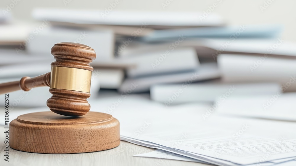 Judicial power symbol with a gavel on wooden stand, blurred piles of legal documents in the background, law and justice theme Judicial power symbol with a gavel on wooden stand, blurred piles of legal documents in the background, law and justice theme