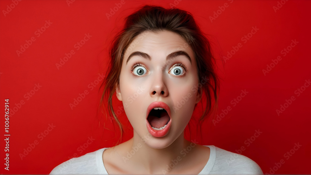 Young woman with surprised face open mouth on red background Young woman with surprised face open mouth on red background