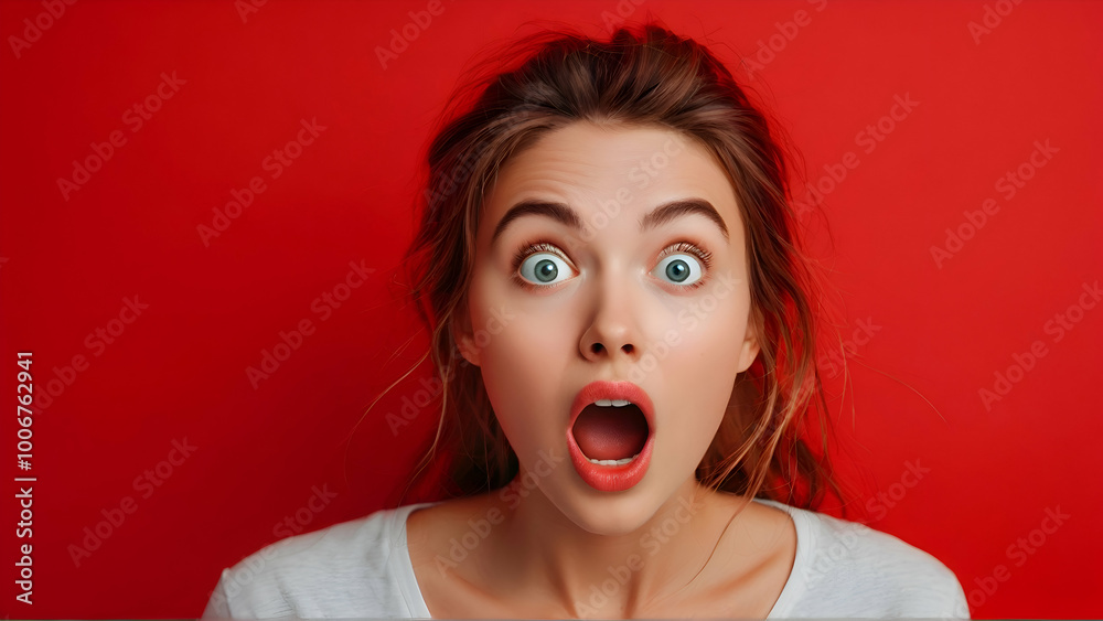 Young woman with surprised face open mouth on red background Young woman with surprised face open mouth on red background
