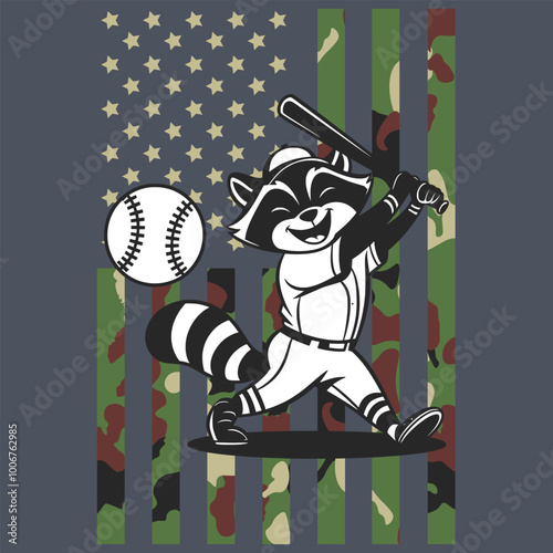 Camo American Flag Baseball Raccoon USA Gift T-shirt