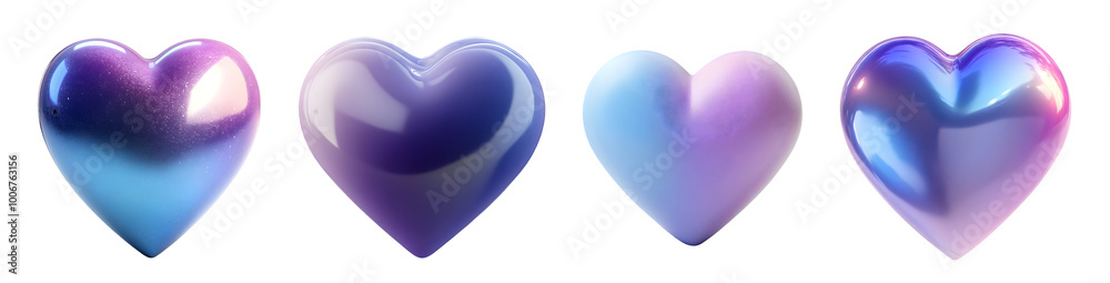 Four glossy hearts in gradient shades of blue and purple, evoking a dreamy and romantic mood. Four glossy hearts in gradient shades of blue and purple, evoking a dreamy and romantic mood.