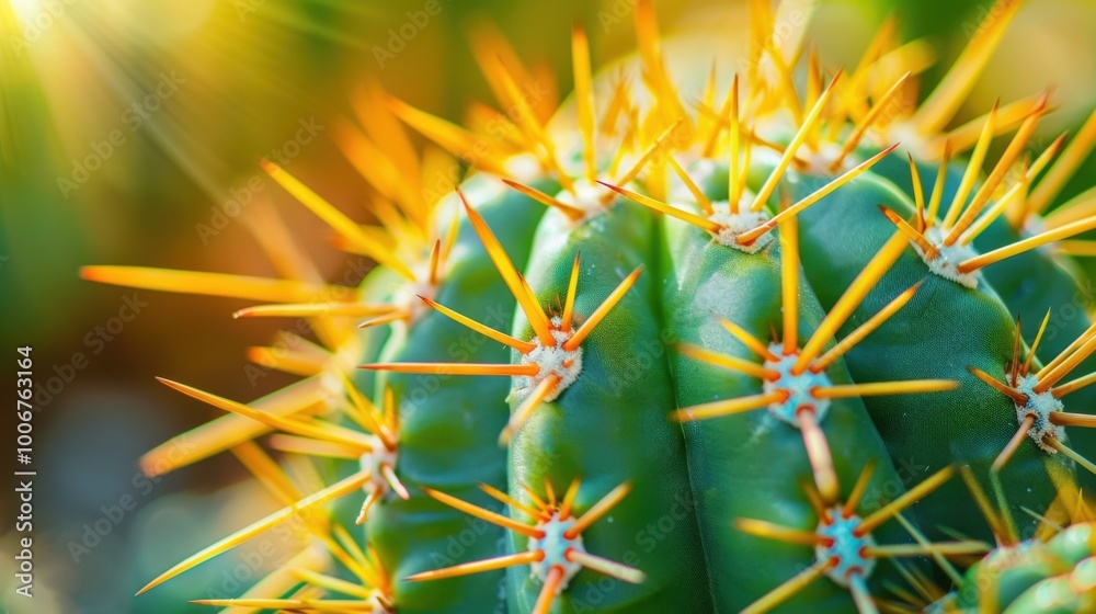 Close-up of a vibrant green cactus with yellow spines in natural sunlight Close-up of a vibrant green cactus with yellow spines in natural sunlight