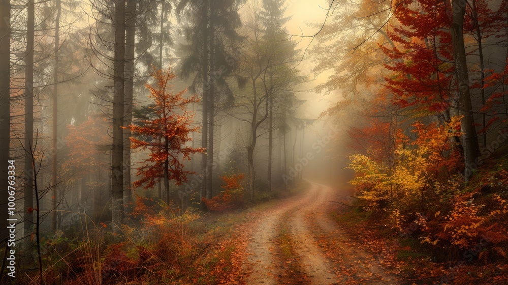 A Misty Path Through Autumnal Woods A Misty Path Through Autumnal Woods