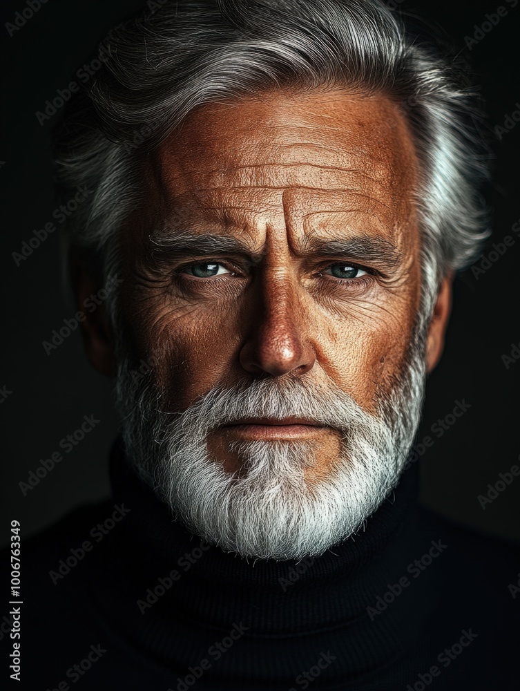 Fototapeta premium Close-up of a charismatic elderly man with a silver beard and hair, sharp gaze, wearing a black turtleneck