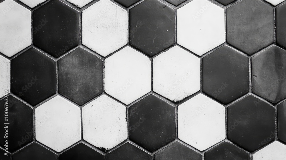 Geometric hexagons in alternating shades of black and white, arranged symmetrically across the surface of square tiles. Geometric hexagons in alternating shades of black and white, arranged symmetrically across the surface of square tiles.
